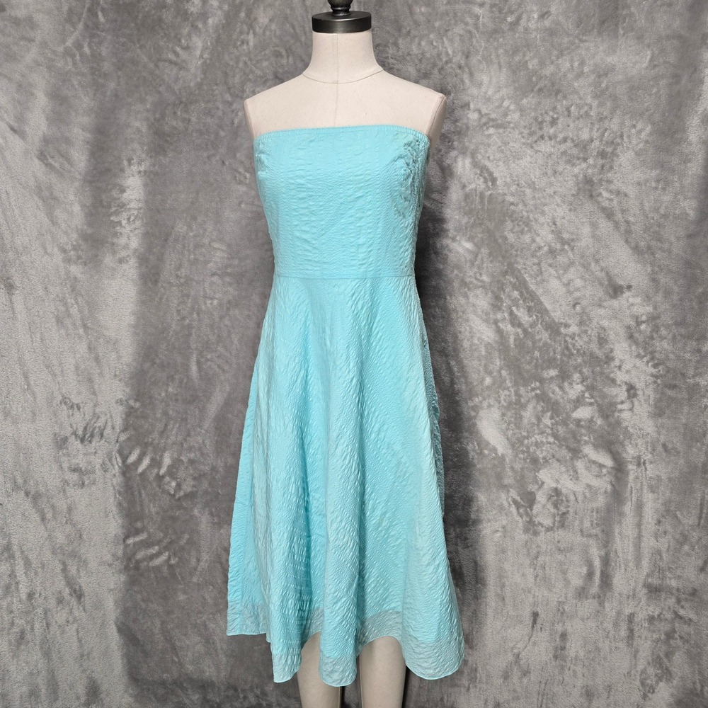 J.Crew Strapless Dress Women 10 Aqua Blue Textured Cotton Fit Flare Preppy Party